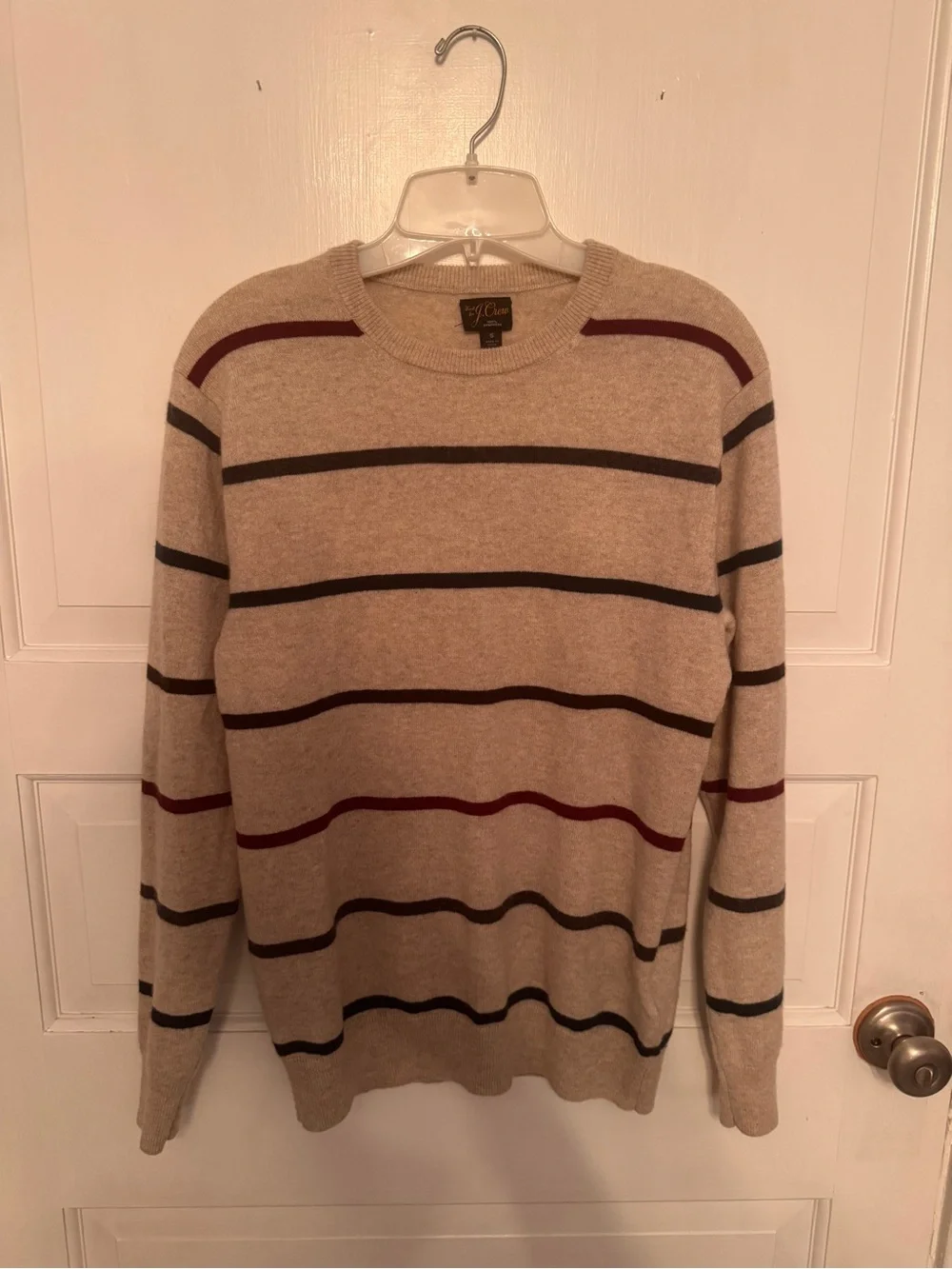 J. Crew Cashmere Crewneck Sweater with Burgundy, Green and Charcoal Stripes